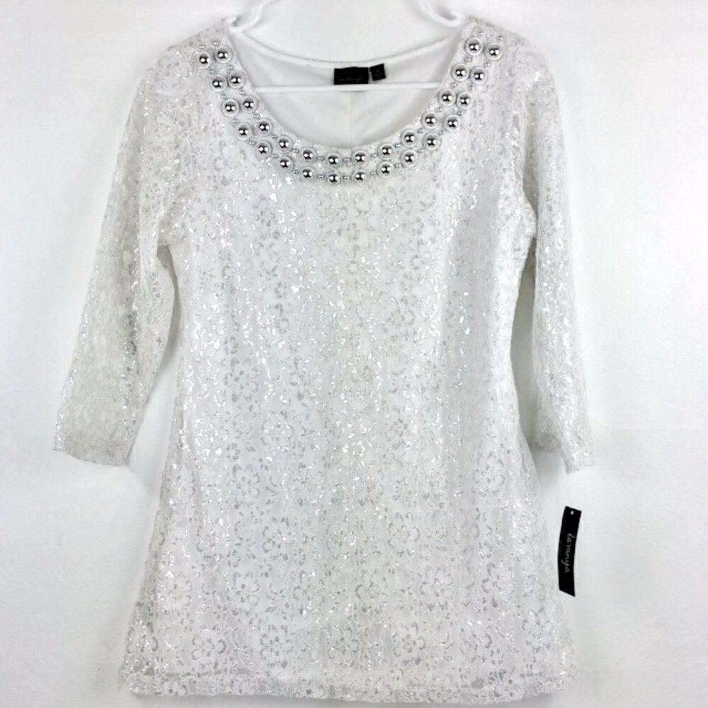 La Vanya NEW white lace silver embellished pullover tunic blouse